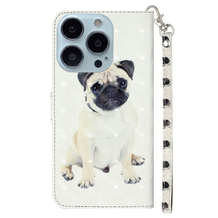 For iPhone 16 Pro Case Leather 3D Pattern Printed Phone Cover Stand Card Holder
