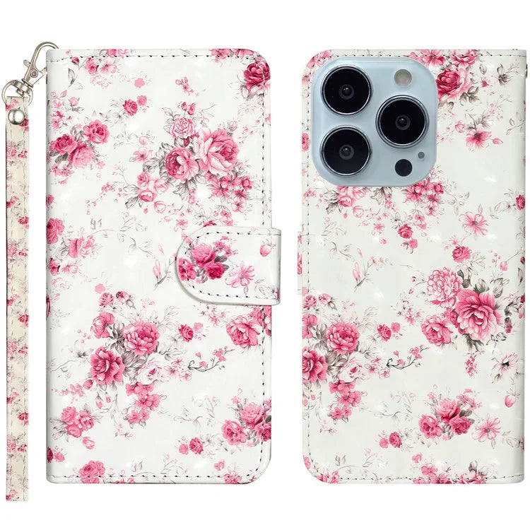 For iPhone 16 Pro Case Leather 3D Pattern Printed Phone Cover Stand Card Holder