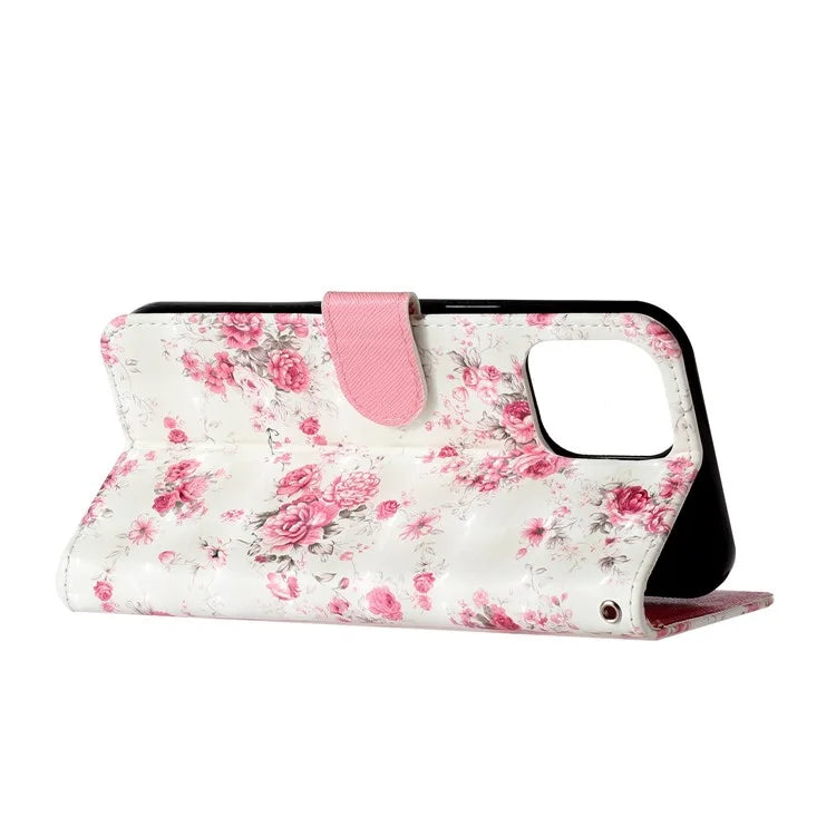For iPhone 16 Pro Case Leather 3D Pattern Printed Phone Cover Stand Card Holder