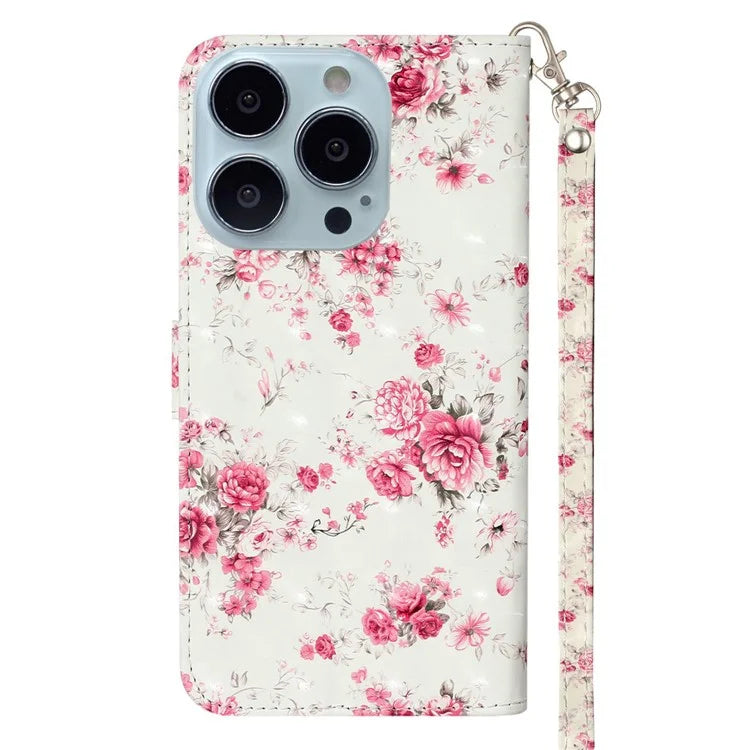 For iPhone 16 Pro Case Leather 3D Pattern Printed Phone Cover Stand Card Holder