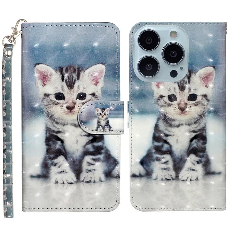 For iPhone 16 Pro Case Leather 3D Pattern Printed Phone Cover Stand Card Holder
