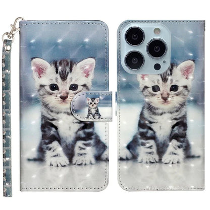 For iPhone 16 Pro Case Leather 3D Pattern Printed Phone Cover Stand Card Holder