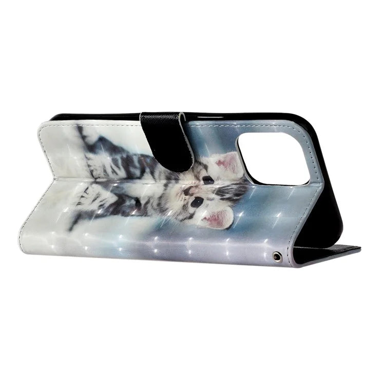 For iPhone 16 Pro Case Leather 3D Pattern Printed Phone Cover Stand Card Holder