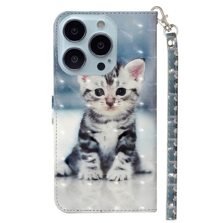 For iPhone 16 Pro Case Leather 3D Pattern Printed Phone Cover Stand Card Holder