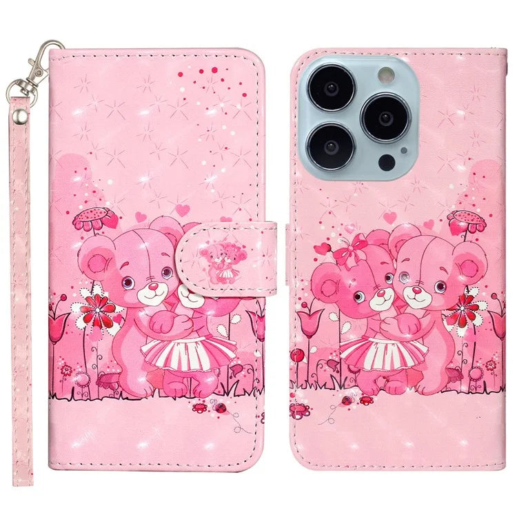 For iPhone 16 Pro Case Leather 3D Pattern Printed Phone Cover Stand Card Holder