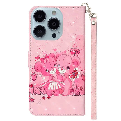 For iPhone 16 Pro Case Leather 3D Pattern Printed Phone Cover Stand Card Holder