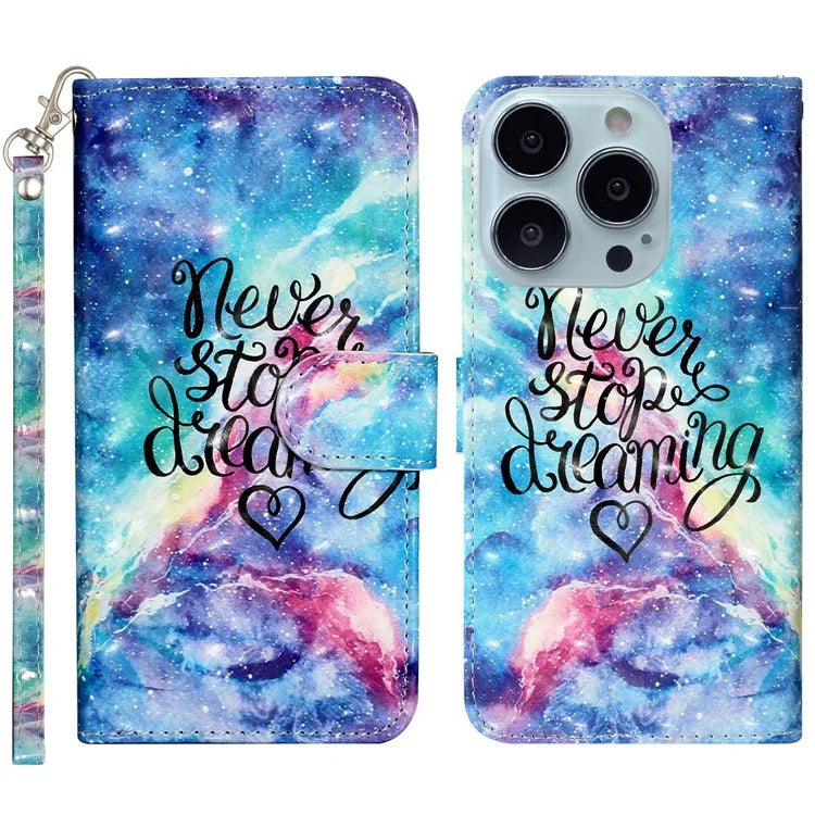 For iPhone 16 Pro Case Leather 3D Pattern Printed Phone Cover Stand Card Holder