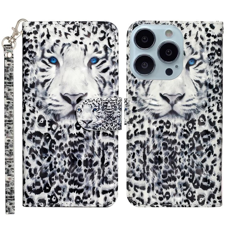 For iPhone 16 Pro Case Leather 3D Pattern Printed Phone Cover Stand Card Holder