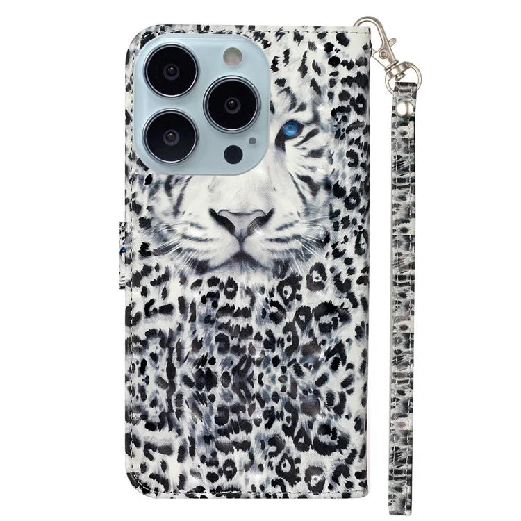 For iPhone 16 Pro Case Leather 3D Pattern Printed Phone Cover Stand Card Holder