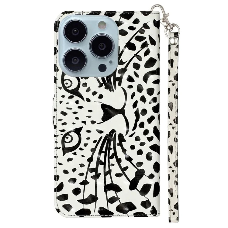 For iPhone 16 Pro Case Leather 3D Pattern Printed Phone Cover Stand Card Holder