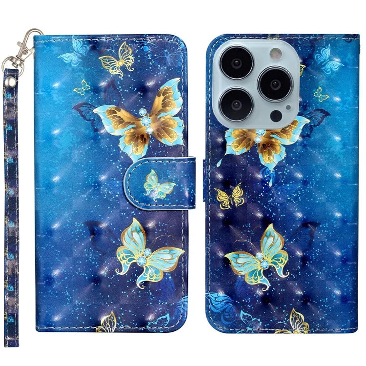 For iPhone 16 Pro Case Leather 3D Pattern Printed Phone Cover Stand Card Holder