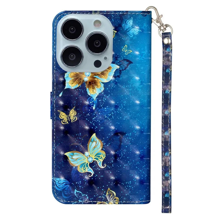 For iPhone 16 Pro Case Leather 3D Pattern Printed Phone Cover Stand Card Holder