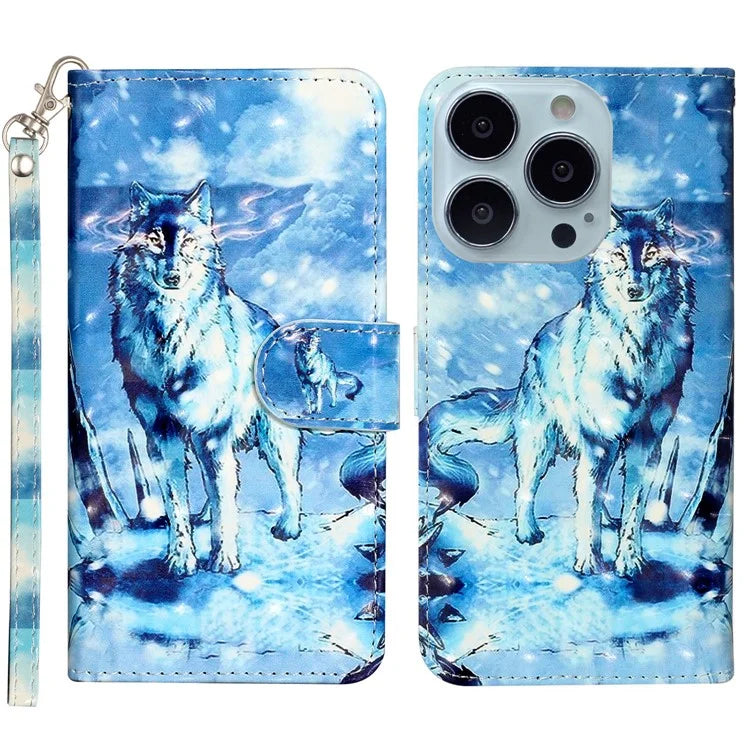 For iPhone 16 Pro Case Leather 3D Pattern Printed Phone Cover Stand Card Holder