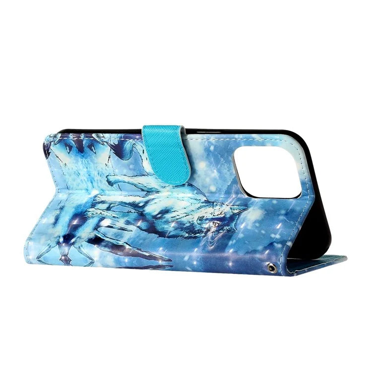 For iPhone 16 Pro Case Leather 3D Pattern Printed Phone Cover Stand Card Holder