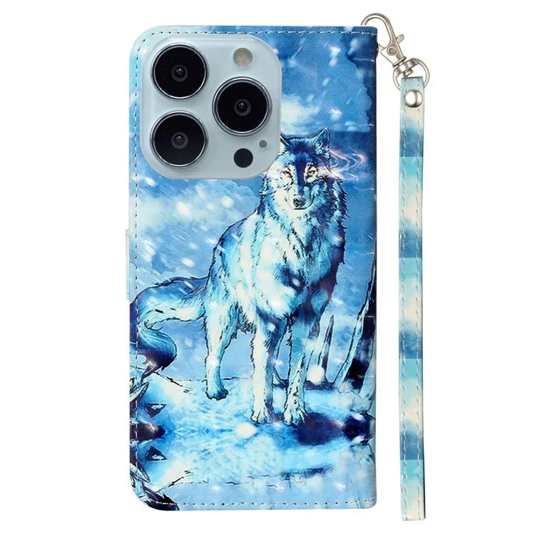For iPhone 16 Pro Case Leather 3D Pattern Printed Phone Cover Stand Card Holder