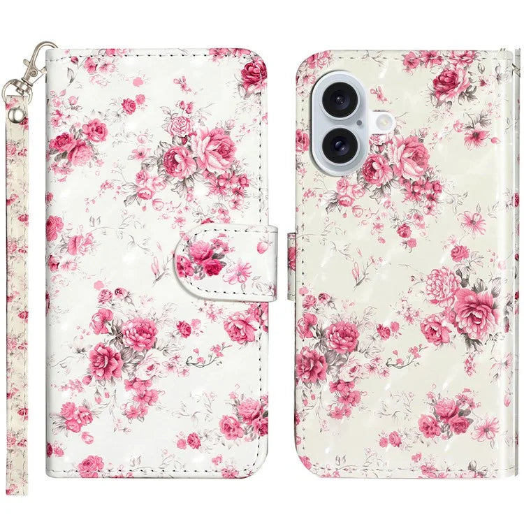 For iPhone 16 Leather Case Flip Wallet Phone Cover Magnetic Clasp 3D Pattern Printed