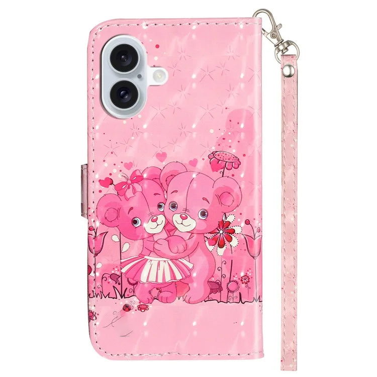 For iPhone 16 Leather Case Flip Wallet Phone Cover Magnetic Clasp 3D Pattern Printed