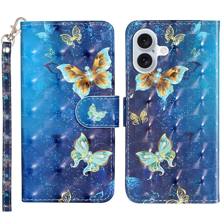 For iPhone 16 Leather Case Flip Wallet Phone Cover Magnetic Clasp 3D Pattern Printed
