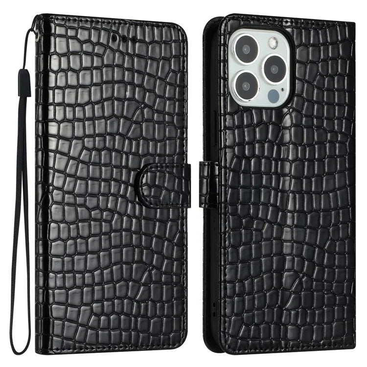 For iPhone 16 Pro Max Case Stand PU Leather Phone Cover Classic Crocodile Pattern