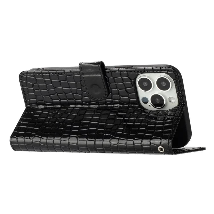 For iPhone 16 Pro Case Wrist Strap Flip PU Leather Phone Cover Crocodile Texture