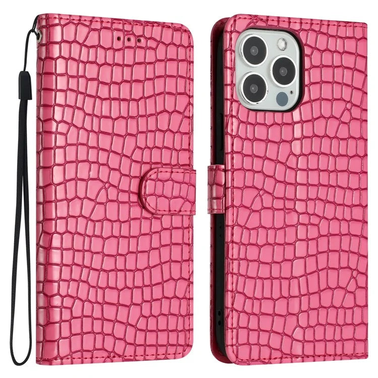 For iPhone 16 Pro Case Wrist Strap Flip PU Leather Phone Cover Crocodile Texture