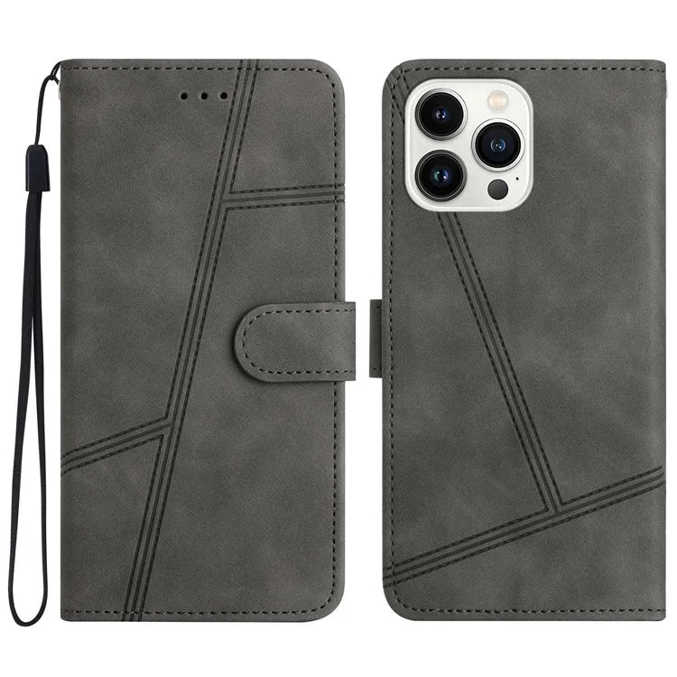 For iPhone 16 Pro Max Case Lines Imprinted PU Leather Wallet Phone Folio Cover