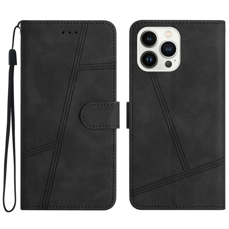 For iPhone 16 Pro Case Lines Imprinted PU Leather Stand Phone Cover