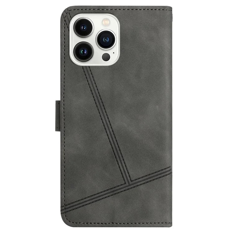 For iPhone 16 Pro Case Lines Imprinted PU Leather Stand Phone Cover