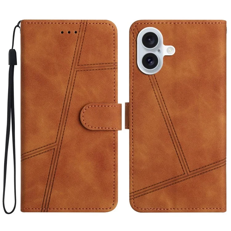 For iPhone 16 Plus Case PU Leather Phone Cover Flip Wallet Lines Imprinted