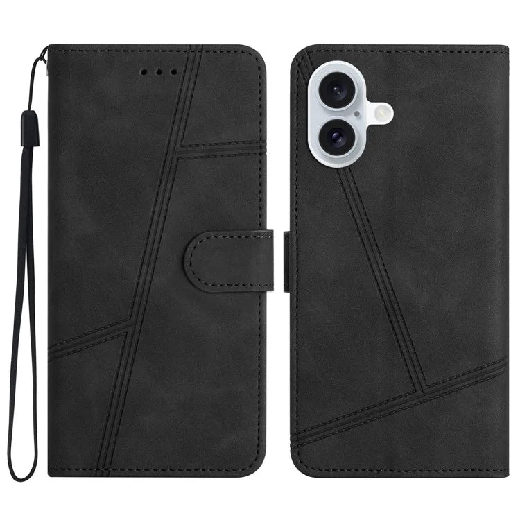 For iPhone 16 Plus Case PU Leather Phone Cover Flip Wallet Lines Imprinted