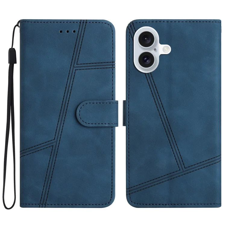 For iPhone 16 Plus Case PU Leather Phone Cover Flip Wallet Lines Imprinted