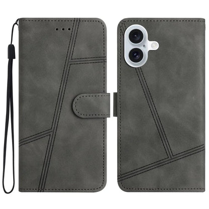 For iPhone 16 Plus Case PU Leather Phone Cover Flip Wallet Lines Imprinted
