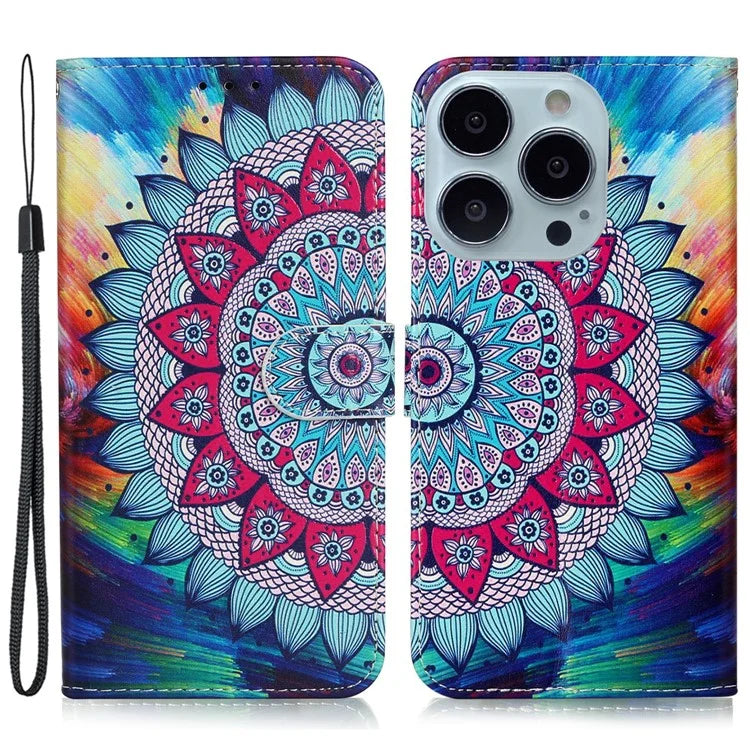 For iPhone 16 Pro Max Case Pattern Printed Leather Phone Cover with Stand 3 Card Holder