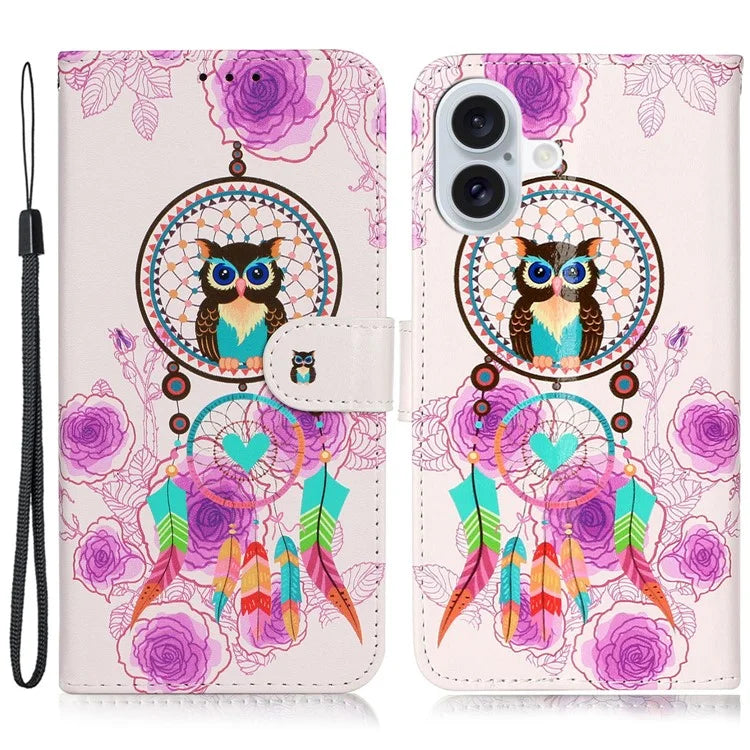 For iPhone 16 Plus Case Pattern Design Flip Leather Phone Cover with Strap