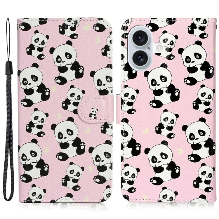 For iPhone 16 Plus Case Pattern Design Flip Leather Phone Cover with Strap