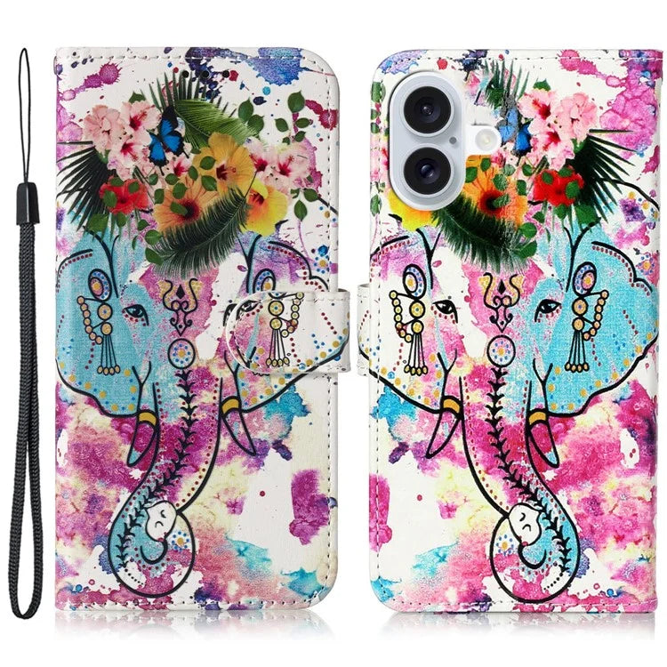 For iPhone 16 Plus Case Pattern Design Flip Leather Phone Cover with Strap