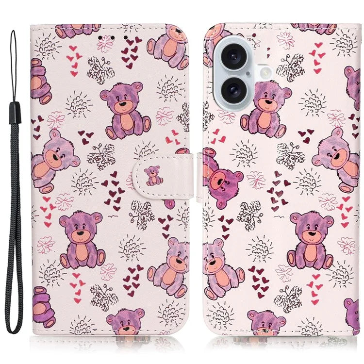 For iPhone 16 Plus Case Pattern Design Flip Leather Phone Cover with Strap