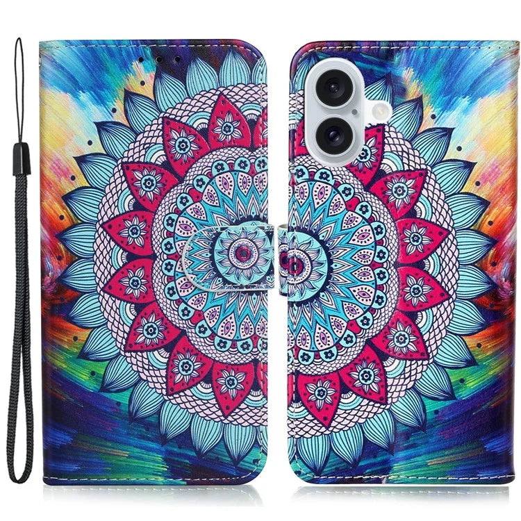 For iPhone 16 Plus Case Pattern Design Flip Leather Phone Cover with Strap
