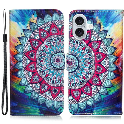 For iPhone 16 Plus Case Pattern Design Flip Leather Phone Cover with Strap