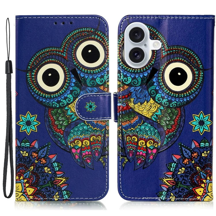 For iPhone 16 Case Leather Card Slot Holder Flip Phone Cover Pattern Printing