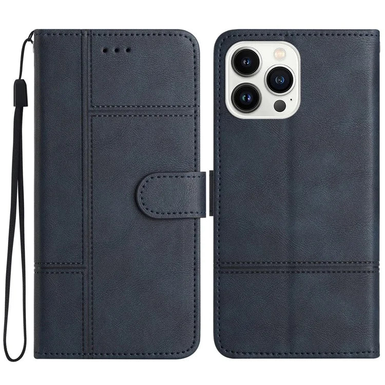For iPhone 16 Pro Case Viewing Stand PU Leather Phone Cover Line Imprinted