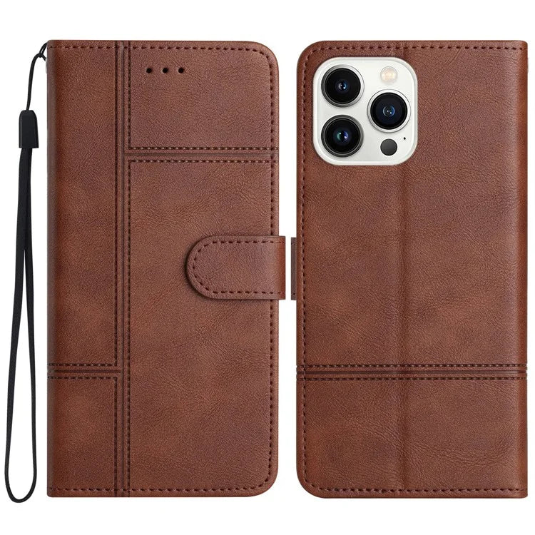 For iPhone 16 Pro Case Viewing Stand PU Leather Phone Cover Line Imprinted