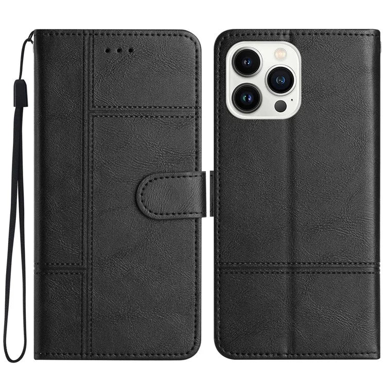 For iPhone 16 Pro Case Viewing Stand PU Leather Phone Cover Line Imprinted
