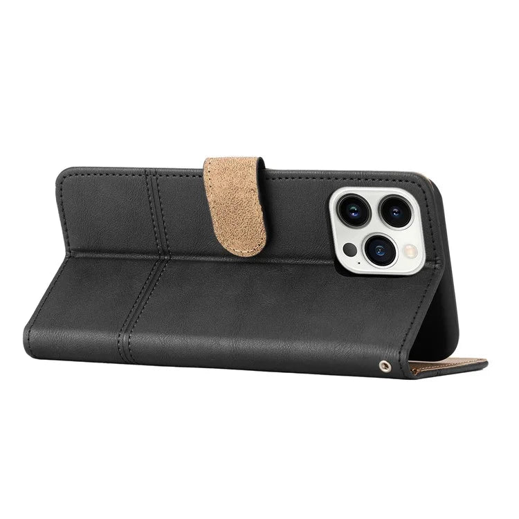 For iPhone 16 Pro Case Viewing Stand PU Leather Phone Cover Line Imprinted