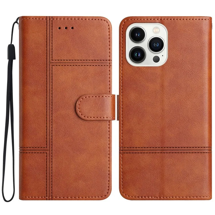 For iPhone 16 Pro Case Viewing Stand PU Leather Phone Cover Line Imprinted