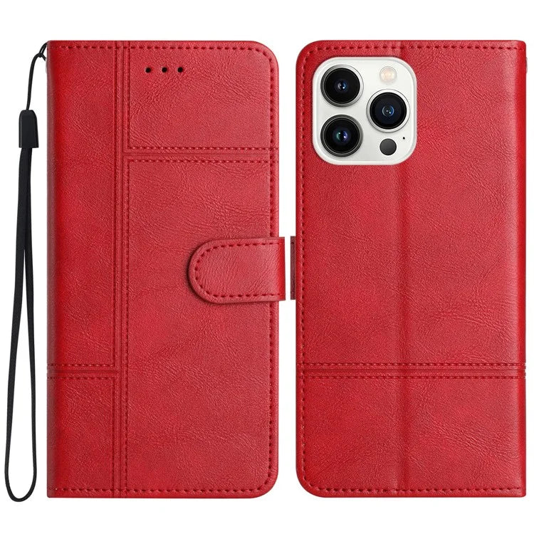 For iPhone 16 Pro Case Viewing Stand PU Leather Phone Cover Line Imprinted