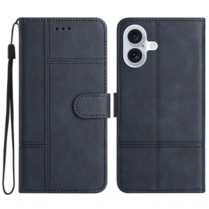 For iPhone 16 Case PU Leather Phone Cover Card Slots Wrist Strap Line Pattern