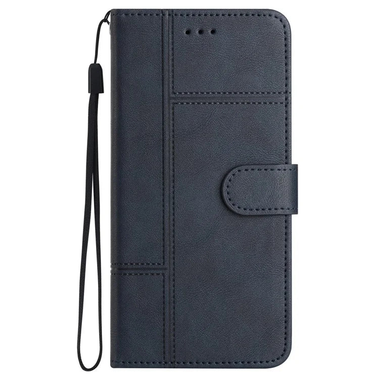 For iPhone 16 Case PU Leather Phone Cover Card Slots Wrist Strap Line Pattern