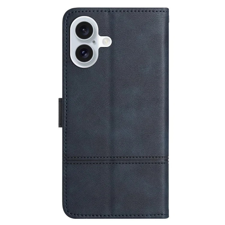 For iPhone 16 Case PU Leather Phone Cover Card Slots Wrist Strap Line Pattern