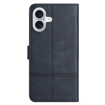 For iPhone 16 Case PU Leather Phone Cover Card Slots Wrist Strap Line Pattern